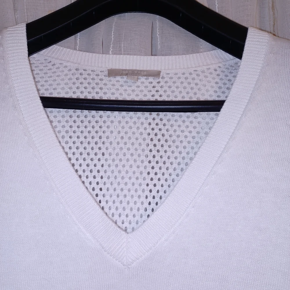 JOAN VASS White V Neck Women's Sweater Faux Leather Roll Up Sleeve Strap…